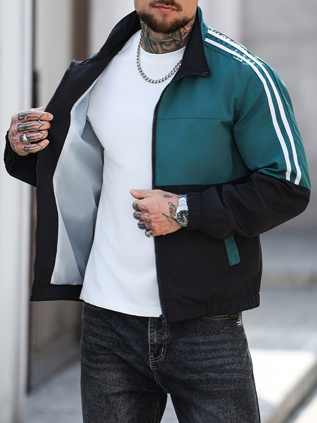 Men'S Contrast Color Stand Collar Zippered Jacket, Casual Streetwear Outerwear, Webbing Decor, Spring/Autumn Lightweight Windproof Softshell Jacket with Lining - Dark Green