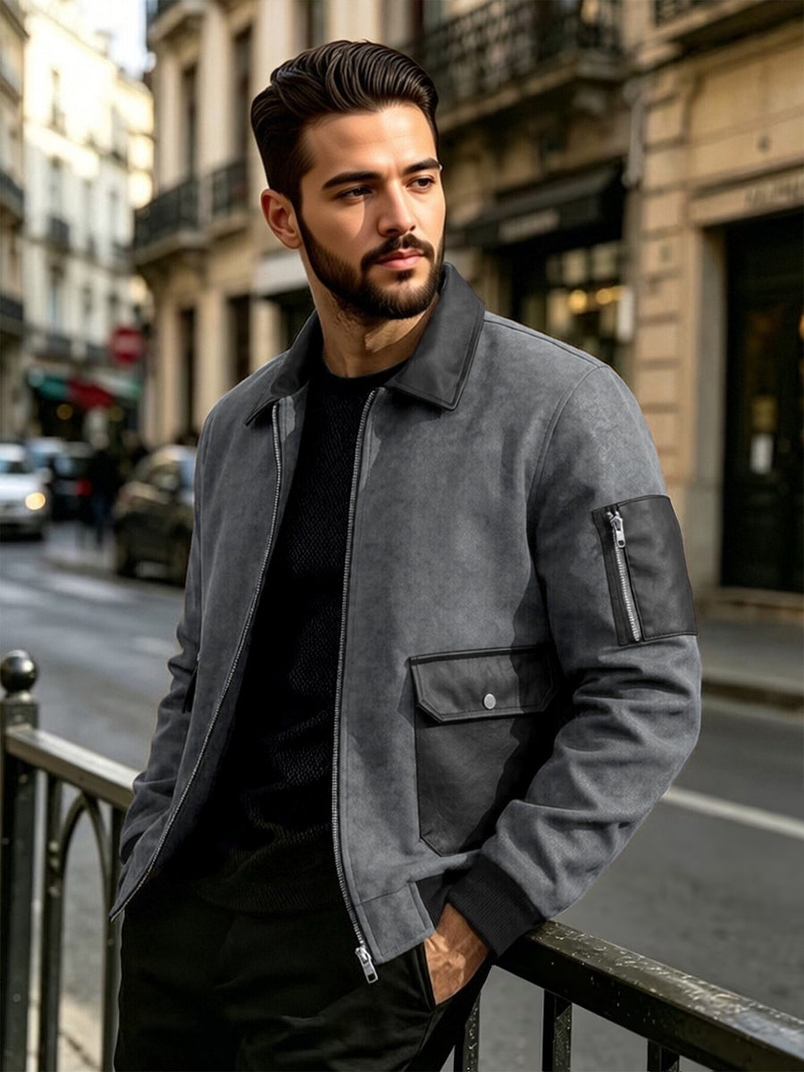 EXARUS American Retro Men'S Lapel Jacket, Patchwork Cargo Zipper Coat, Western Street Trendy Top. Delicate Contrast Color Pockets, Chest Button-Up Pouch And Arm Zippered Sleeve Pockets, Brown And Gray Available, Loose Fit - Grey