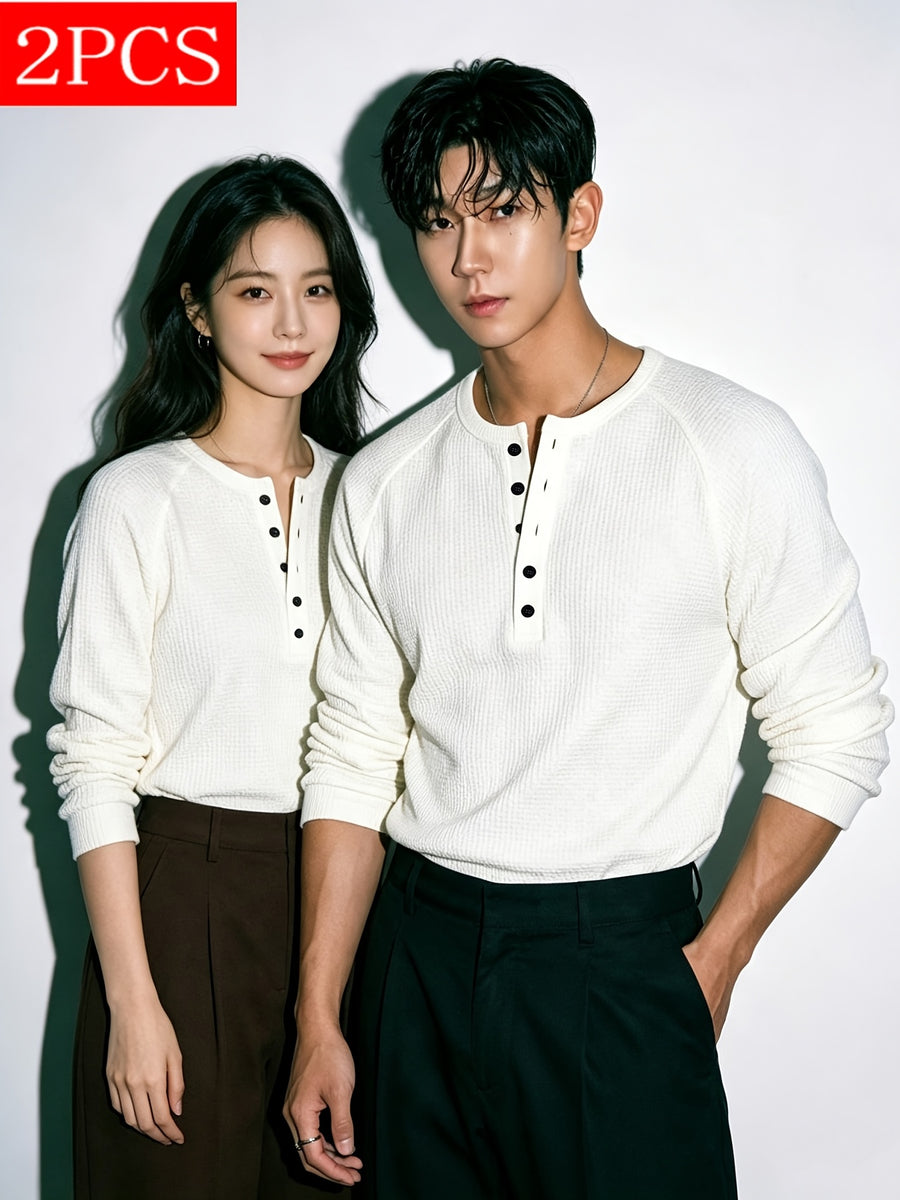 2pcs Matching Couple's Waffle Knit Long-Sleeve Henley T-Shirts, Raglan Sleeve Half-Button Placket Crew Neck Pullover Tops, Soft Stretchy Breathable Loose Fit Casual Basic Base Layers, Korean Minimalist Style Suitable for Dates, Daily Commutes - White+white