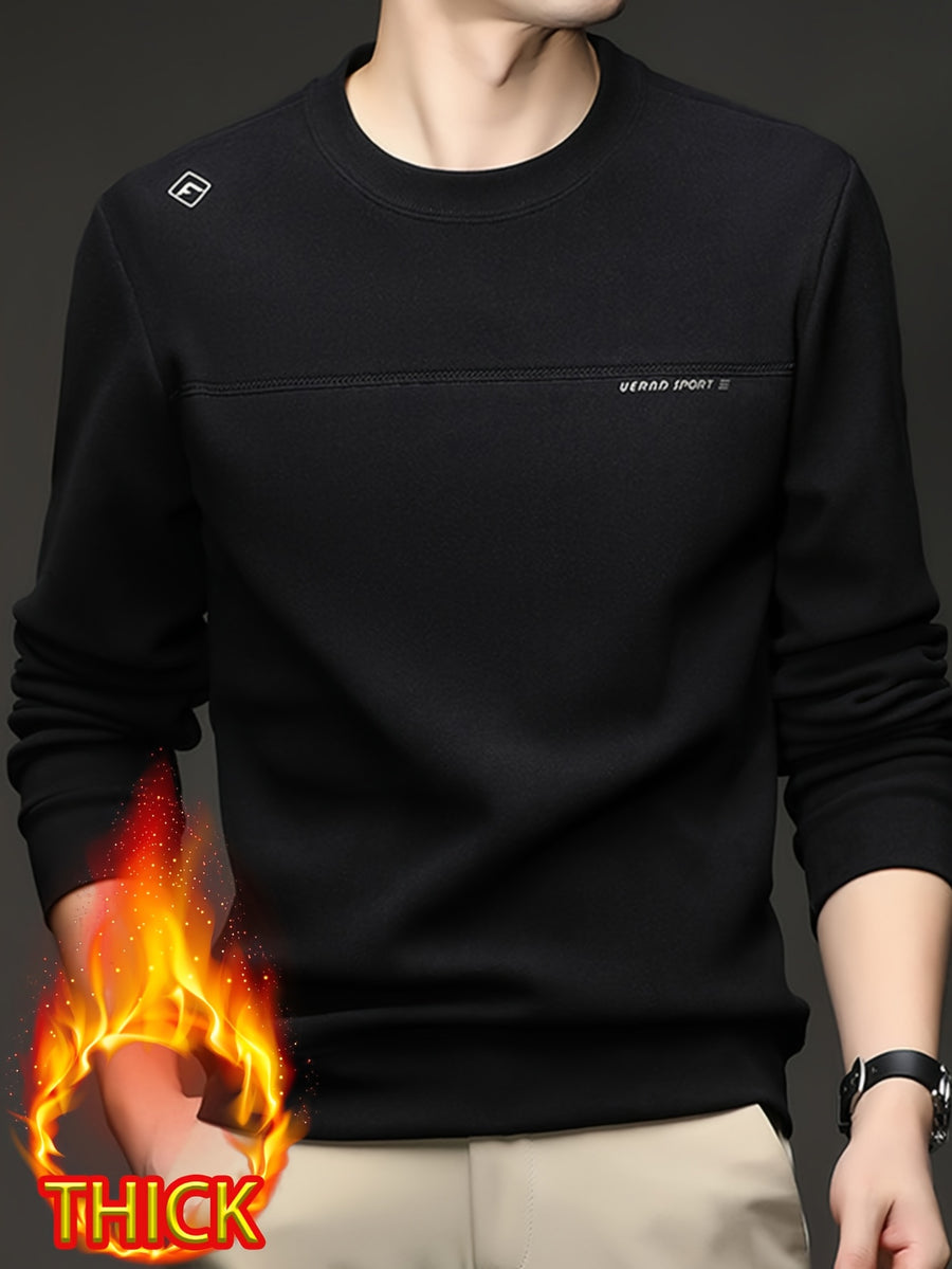 Men's Crew Neck Thickened Sweatshirt, Pullover Long Sleeve Sweatshirt, for Standalone Wear or Layering in Autumn/Winter, Ribbed Cuffs and Hem - SINBOS - Moyu Black