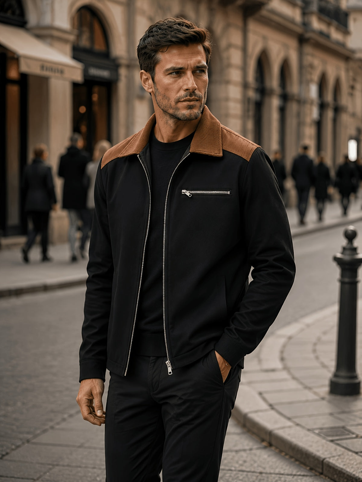 Men'S Regular Fit Lapel Collar Casual Outerwear, Zip-Front Jacket with Corduroy Splicing Detail for Retro Street & Daily Activities - Black