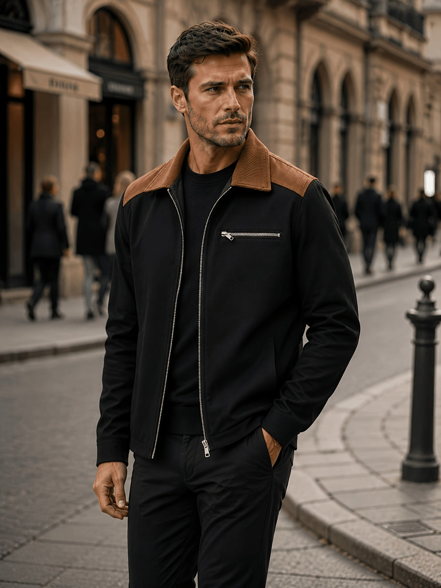 Men'S Regular Fit Lapel Collar Casual Outerwear, Zip-Front Jacket with Corduroy Splicing Detail for Retro Street & Daily Activities - Black