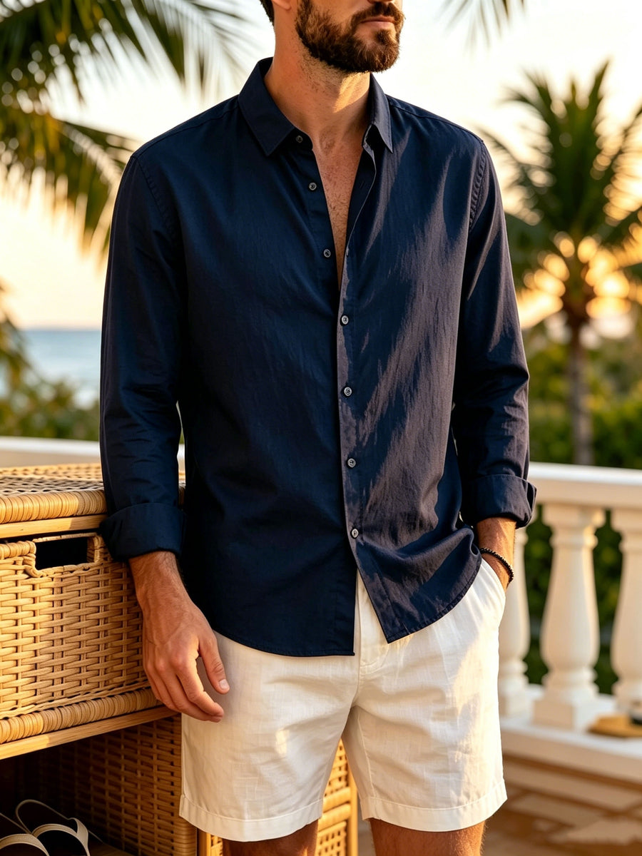 Vacation Style Men'S Summer Long Sleeve Shirt, Classic Lapel Single-Breasted Design, Multiple Basic Solid Colors Available, Suitable for Daily Commute And Beach Travel (Shirt) - Navy Color