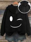 Women's Halloween Expression Print Hooded Cardigan Sweatshirt - Sporty Casual Style, Warm, 100% Polyester Fiber, 230g Fabric, Printed Design, Essential for Autumn/Winter, Fashionable and Simple, Casual and Comfortable, Energetic, Unique Personality - Black