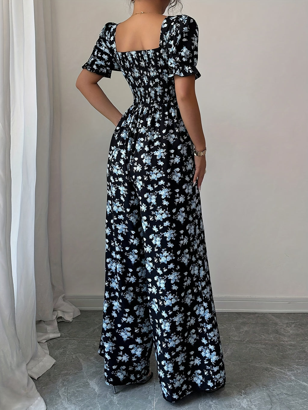 Women'S Elegant Vacation Style Waist-Cinching Printed Jumpsuit, Summer Jumpsuit, Wide-Leg Printed Jumpsuit, Long Length Printed Jumpsuit - Blue