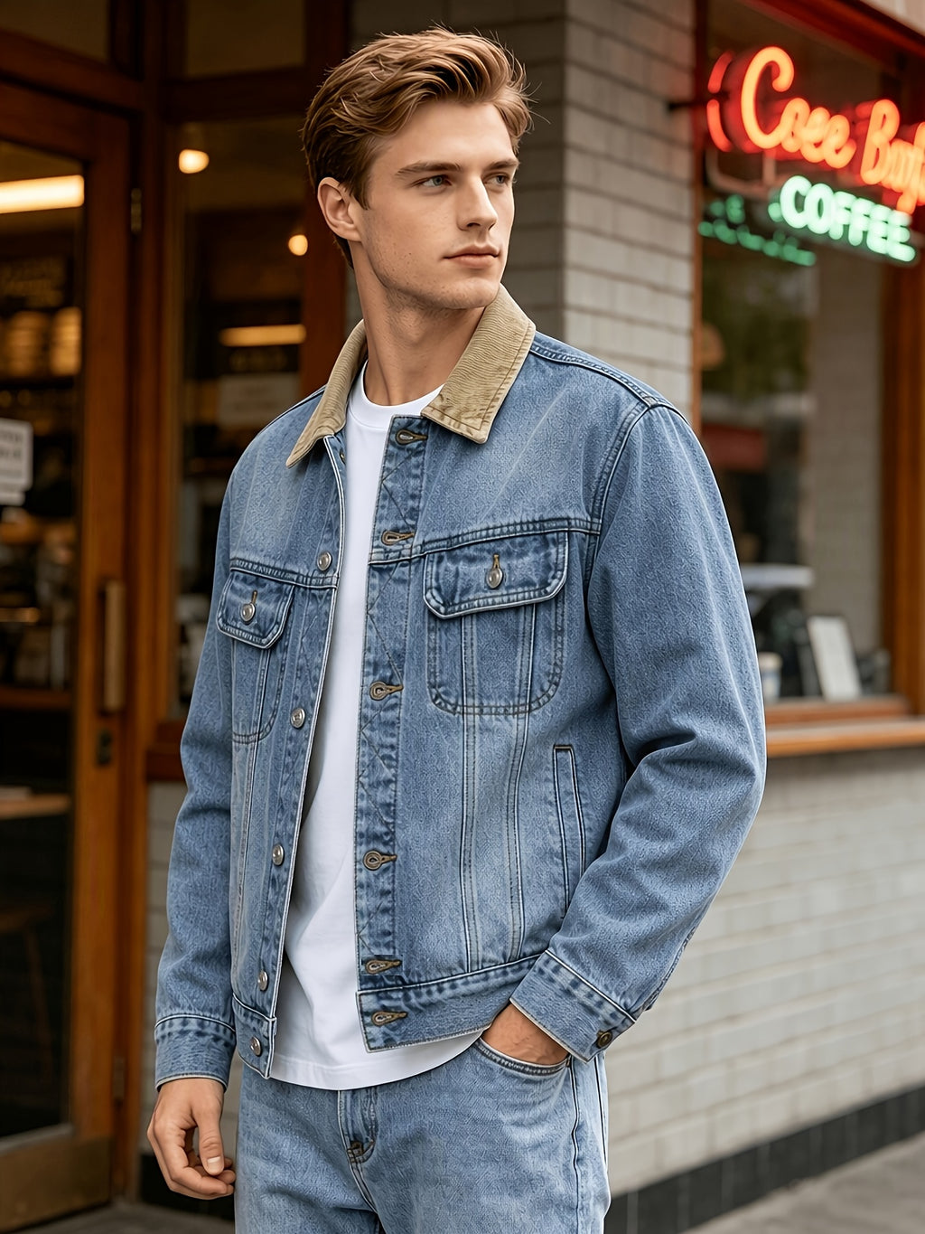 Men'S Vintage Washed Denim Jacket, Contrast Collar Plaid Inner Lining, Multi-Pocket Metal Button Placket, Loose Dropped Shoulder Fit, Retro Style Top for Young Men, Daily Street Outings, Casual Versatile Long Sleeve Coat - Blue