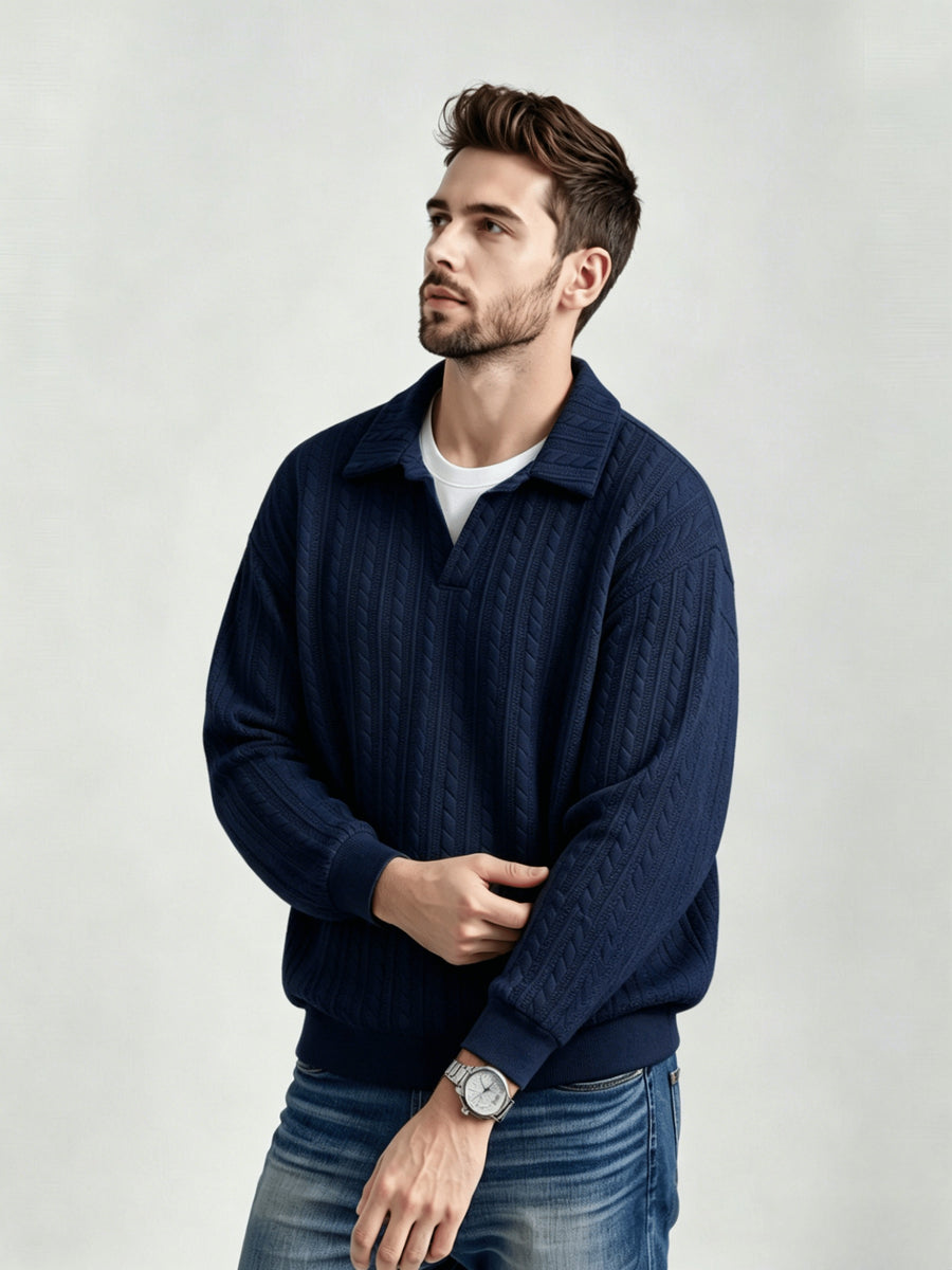 Men'S Vintage Jacquard Knit Lapel Sweatshirt Loose Fit Half-Button Textured Pullover Top Casual Street Style Long Sleeve Lapel Sweater - Navy Color