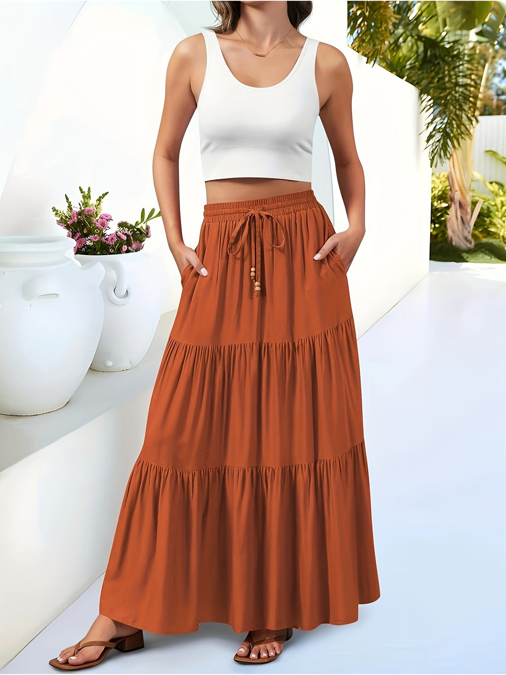 Pleated High-Waist Belt Pocket Long Skirt, A-Line Flowy Layered Beach Half Skirt - Orange-Red