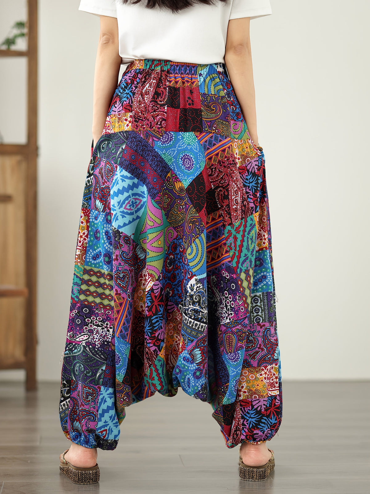 9531# Real Shot New Style Elegant Wide-Leg Pants Floral Print Flared Pants Casual Loose Pants Ethnic Style Harem Pants - Purple