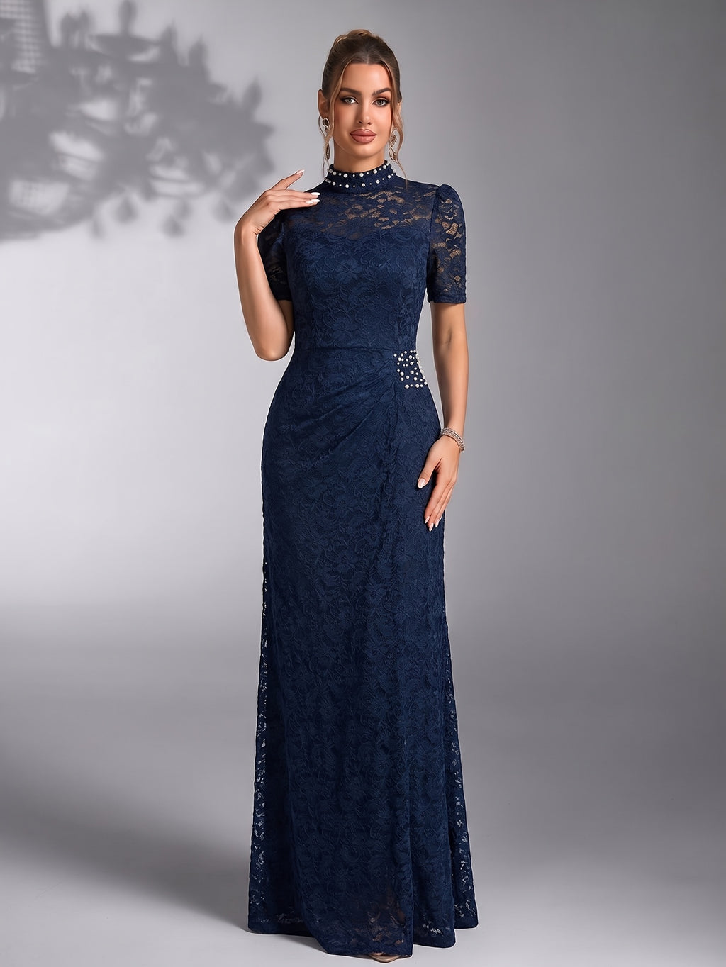 Women's Elegant Pearl-Embellished Lace Wedding Dress with Stand Collar - Fitted Bridesmaid Gown Suitable for Parties, Proms, Dinners, Hand Washable Lace Dress, Pearl Collar Bridesmaid Dresses - Navy Color