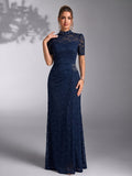 Women's Elegant Pearl-Embellished Lace Wedding Dress with Stand Collar - Fitted Bridesmaid Gown Suitable for Parties, Proms, Dinners, Hand Washable Lace Dress, Pearl Collar Bridesmaid Dresses - Navy Color