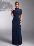 Women's Elegant Pearl-Embellished Lace Wedding Dress with Stand Collar - Fitted Bridesmaid Gown Suitable for Parties, Proms, Dinners, Hand Washable Lace Dress, Pearl Collar Bridesmaid Dresses - Navy Color