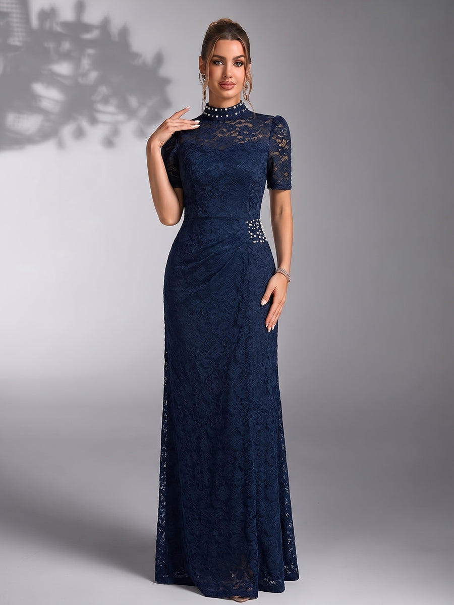 Women's Elegant Pearl-Embellished Lace Wedding Dress with Stand Collar - Fitted Bridesmaid Gown Suitable for Parties, Proms, Dinners, Hand Washable Lace Dress, Pearl Collar Bridesmaid Dresses - Navy Color