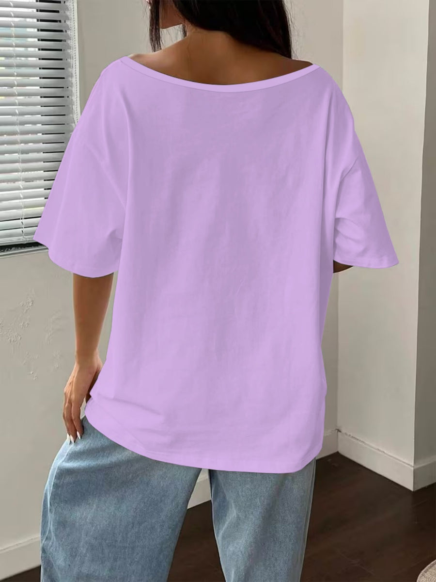 Women's Off-Shoulder Short Sleeve T-Shirt - Breathable Stretch Fabric Oversized Loose Fit Top with Off-Shoulder Neckline & Lettering Print, Soft Suitable for Spring Summer Beachwear, Casual Blouse for Layering - Purple