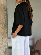 Women's Black Notched Lapel Half-sleeve Blazer, Regular Length, Cropped Design for a Stylish Look, Featuring a Delicate Single-button Detail, Suitable for the Office, Casual Wear, and Daily Outfits - Black