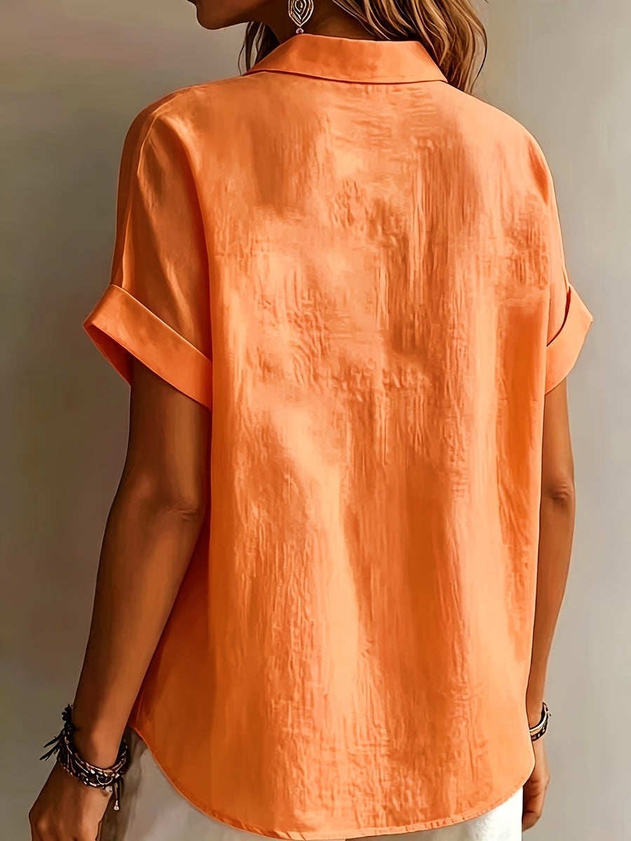 Women'S Elegant Vacation Style Short Sleeve Top, Loose Lazy Shirt, Commute Casual Literary Style, And Covering, Daily Temperament Style, Loose Drape, Breathable And Comfortable - Orange-Red