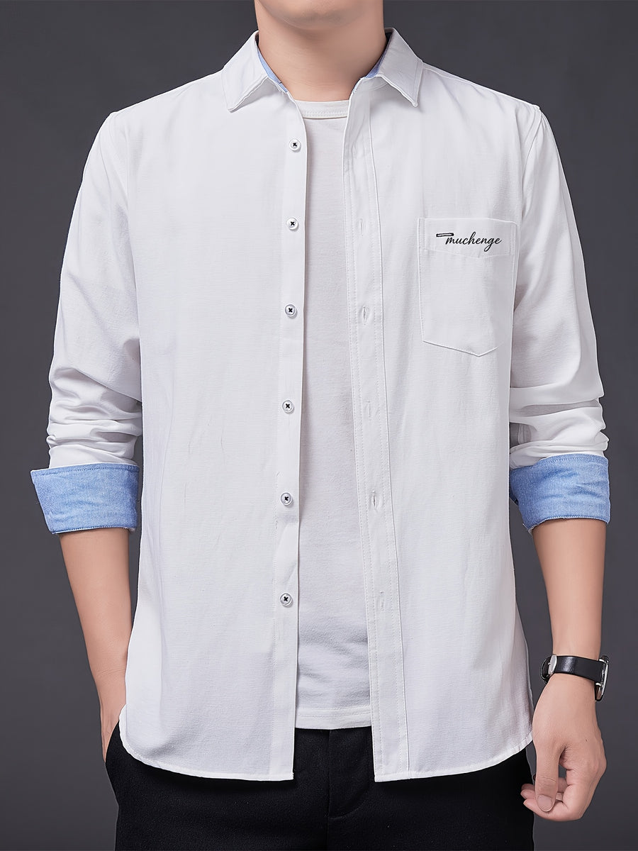 Men's Oxford Cloth Long-Sleeve Shirt for Spring/Autumn, with Lapel Collar, Simple Pocket, and English Print Decoration. Features Contrast Color Cuffs and Collar Design. A Versatile Basic Shirt for Business Casual Wear, Available in Multiple Colors - White