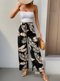 Casual Style Wide-Leg Pants, Women'S Tie Up Loose Fit Comfortable Pants - White Flower On Black Background