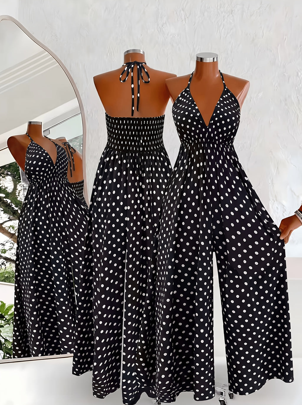Polka Dot Halter Neck Jumpsuit for Women, Summer/Autumn Outing, Vacation, Fashion, Commute, Party, Deep V-Neck, Tie-Back, Backless, Wide-Leg Pants, Loose Fit, High-Waisted, Holiday Style, Camisole Long Pants - Black