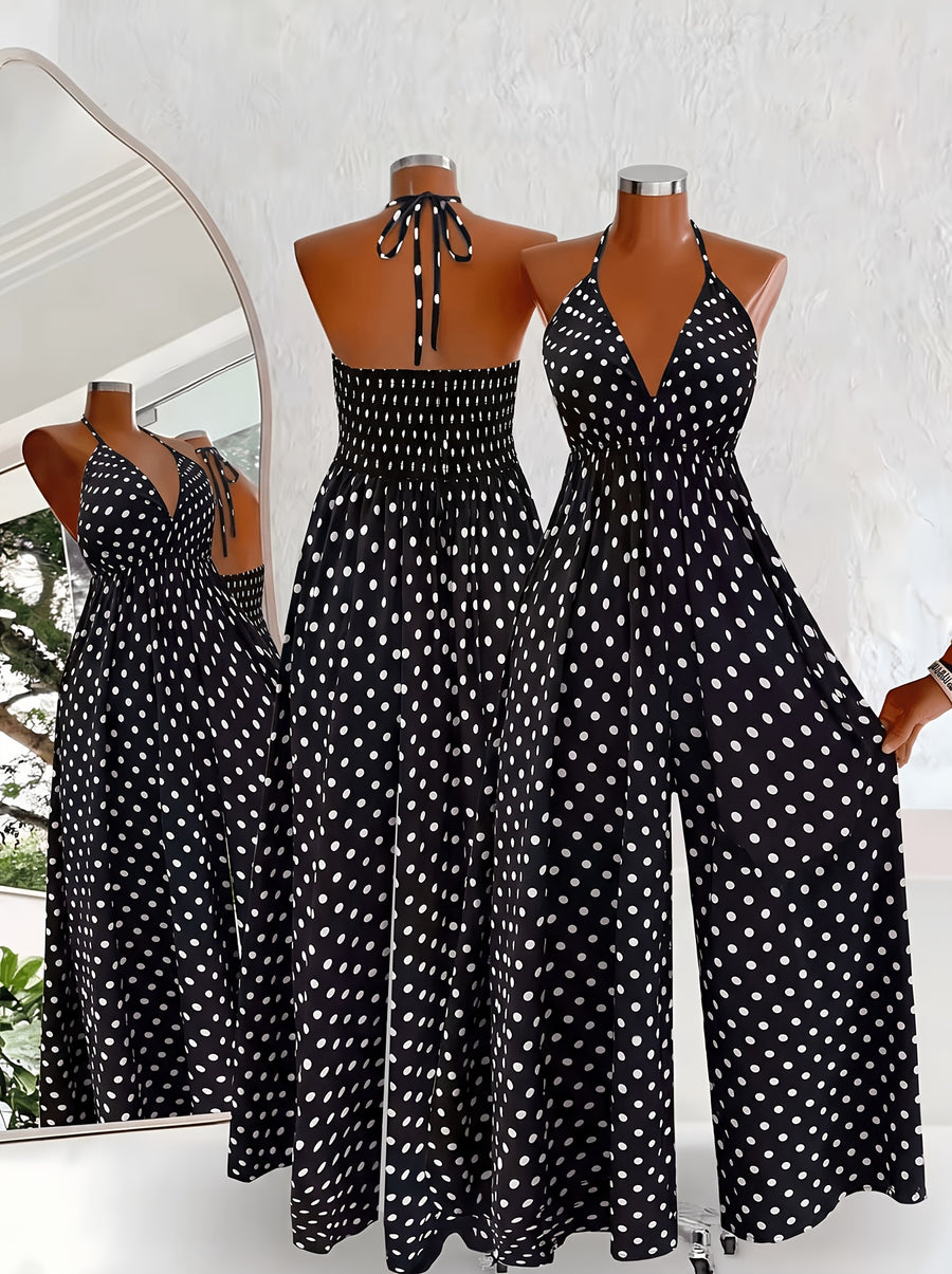 Polka Dot Halter Neck Jumpsuit for Women, Summer/Autumn Outing, Vacation, Fashion, Commute, Party, Deep V-Neck, Tie-Back, Backless, Wide-Leg Pants, Loose Fit, High-Waisted, Holiday Style, Camisole Long Pants - Black