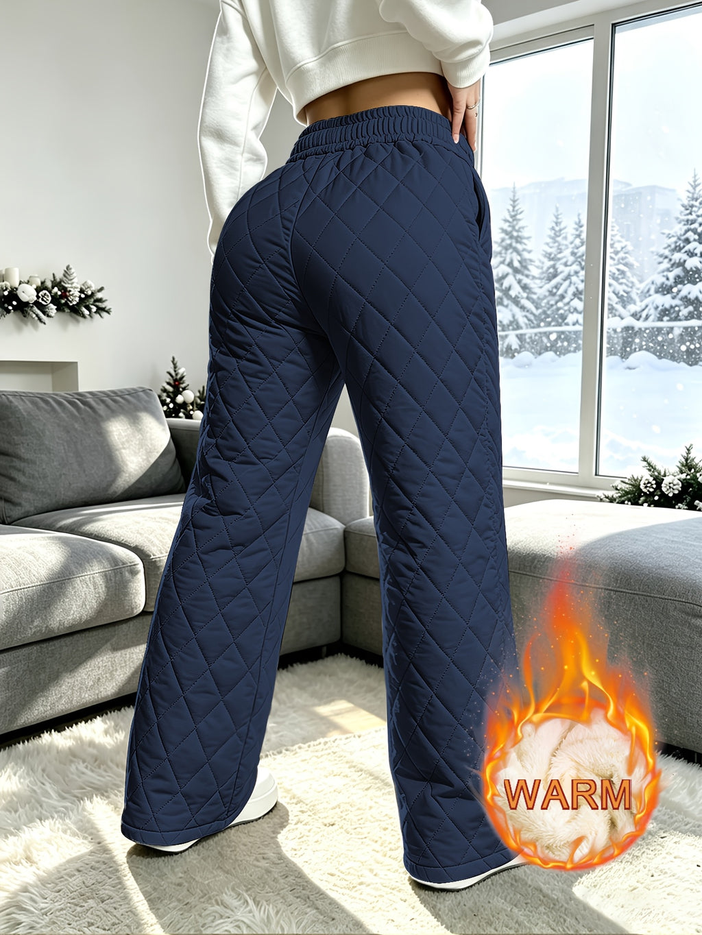 Women's Winter Trendy Fashion Quilted Rhombus Plush-Lined Thickened Pants, -Lined Interior, Windproof Winter Pants, Draping Outer Wear Cold-Proof Casual Long Pants, Suitable for Winter Outings, Shopping, and Work - Blue