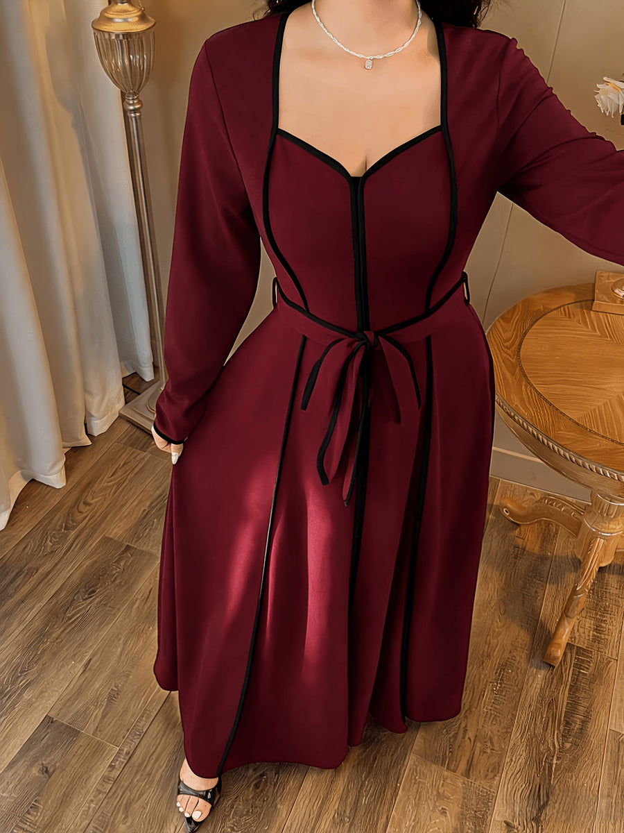 Plus Size, Plus Size Women's Dress, Elegant Black and White Deep V-Neck High-Waist Waist-Cinching Slim-Fit Long Sleeve Dress for Spring, Summer, Autumn, and Winter - Burgundy