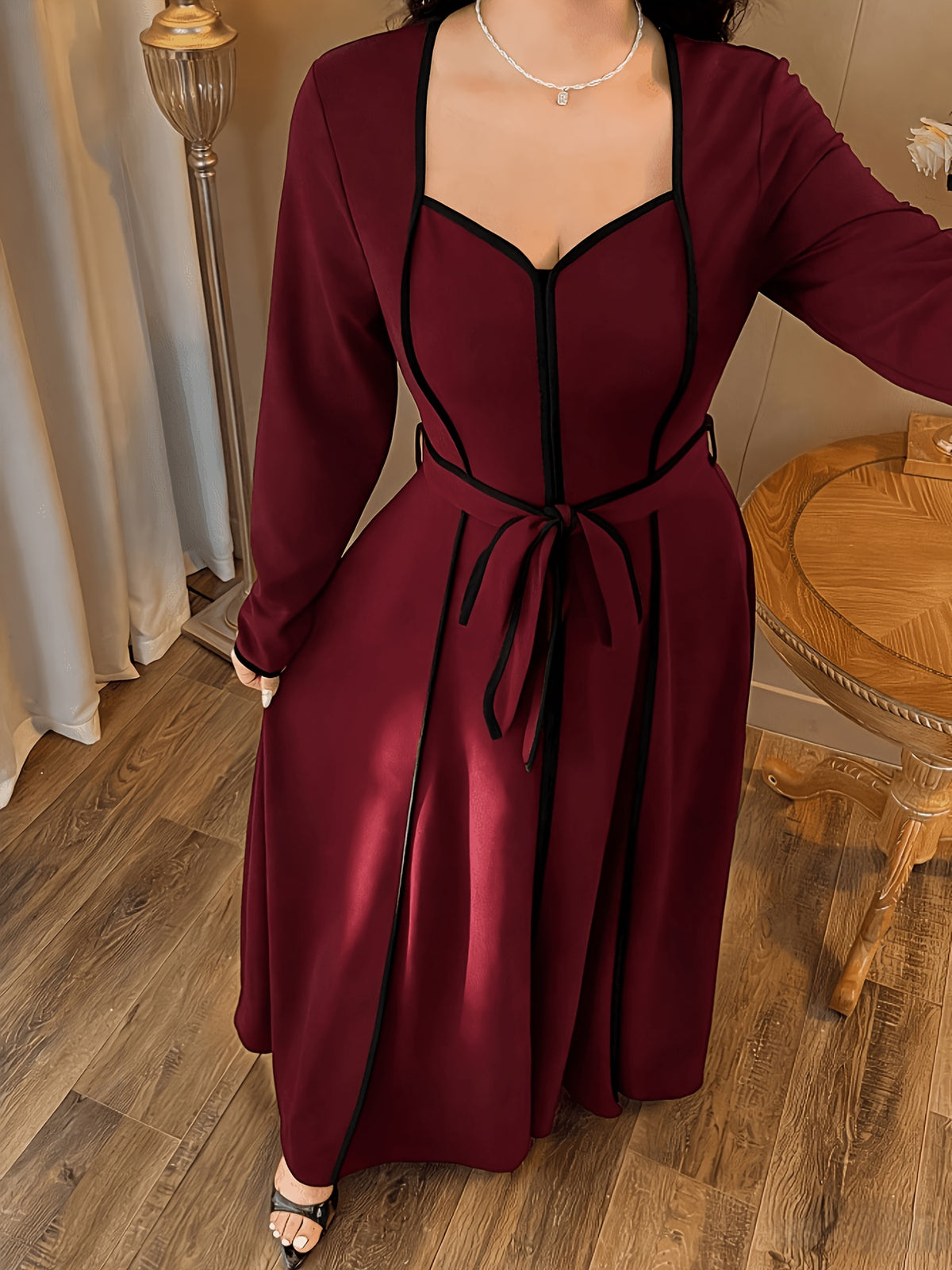 Plus Size, Plus Size Women's Dress, Elegant Black and White Deep V-Neck High-Waist Waist-Cinching Slim-Fit Long Sleeve Dress for Spring, Summer, Autumn, and Winter - Burgundy