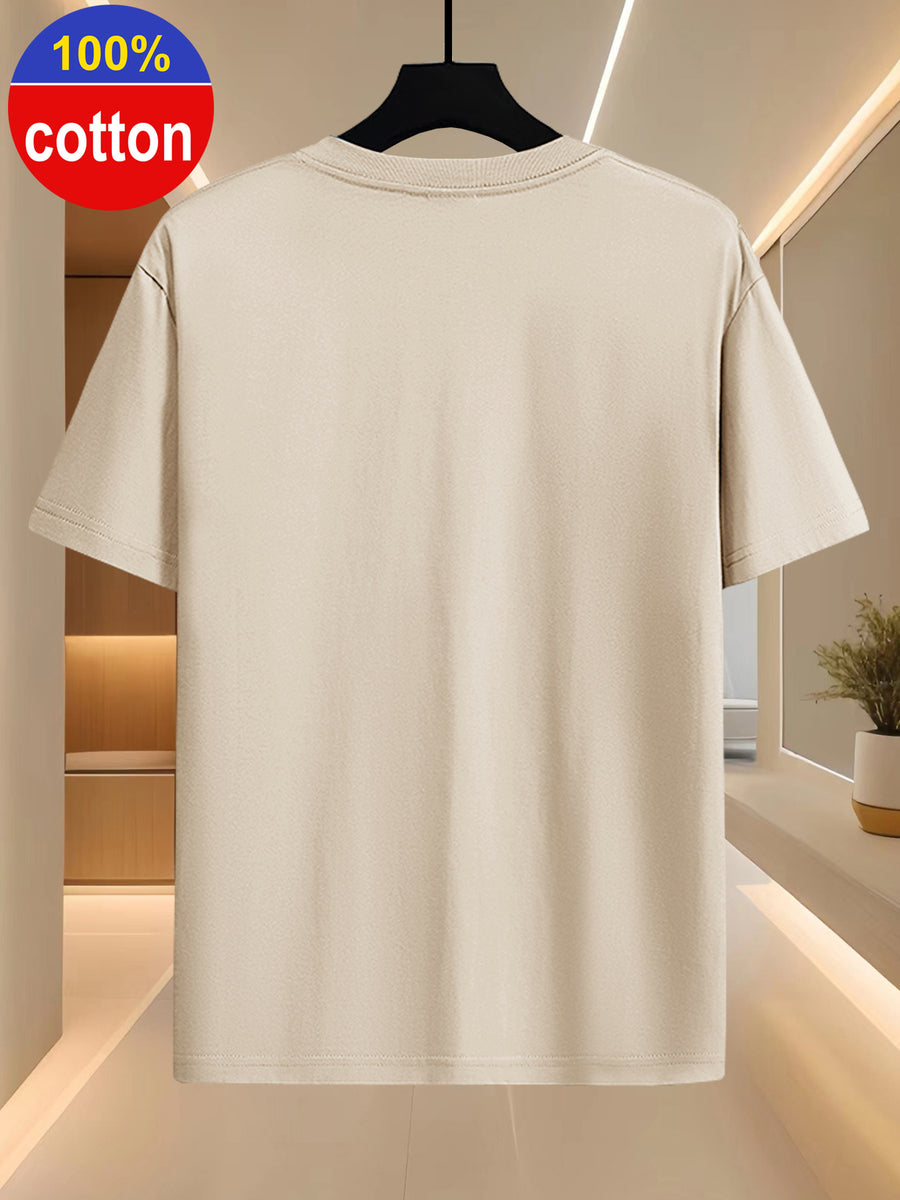 100% Cotton Men's Summer Short-sleeve T-shirt, Fashionable and Simple Patterned Top, Pure Cotton Fabric for Comfort and Breathability, Essential for Outdoor Sports, Leisure, and Travel - Khaki