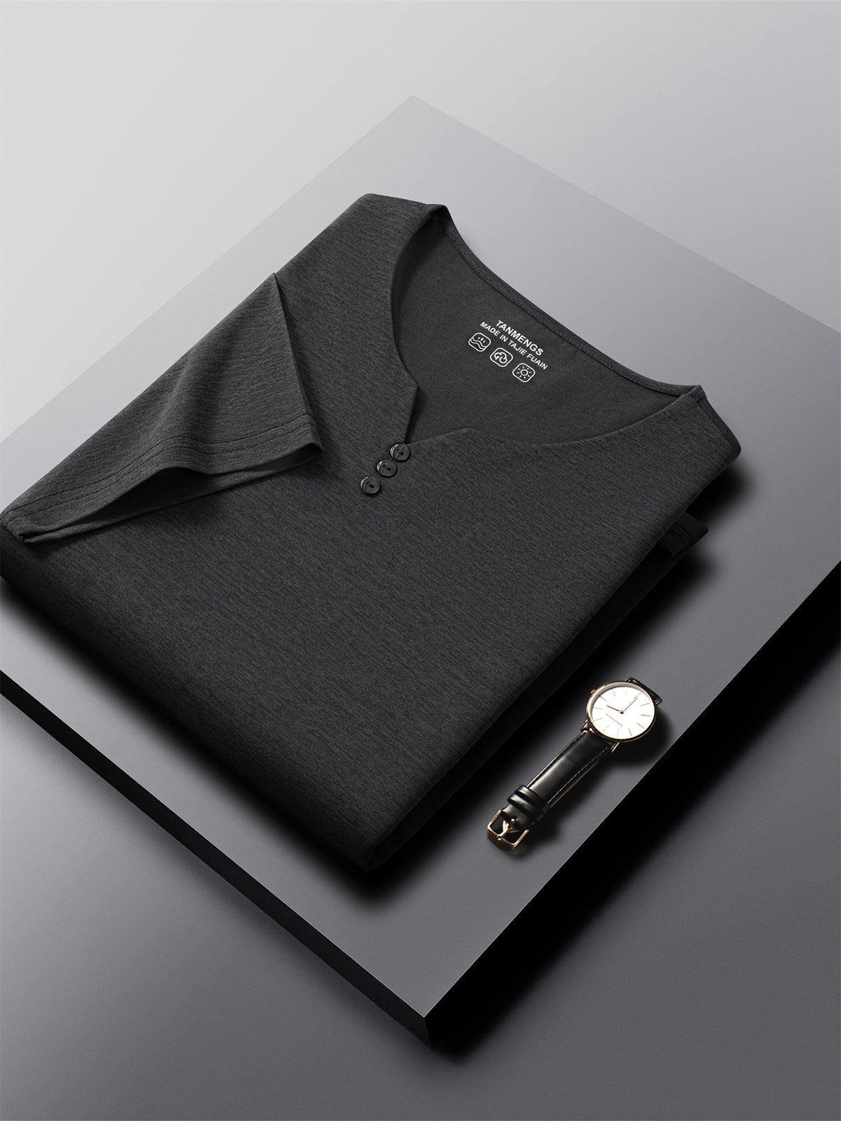 [Qiaoximei OBM] Summer New Men'S Henley Shirt, Collarless Solid Color Top, Faux Button Decoration, Golf Casual Wear, Suitable for Outings And Casual Wear, Men'S Gift - Black