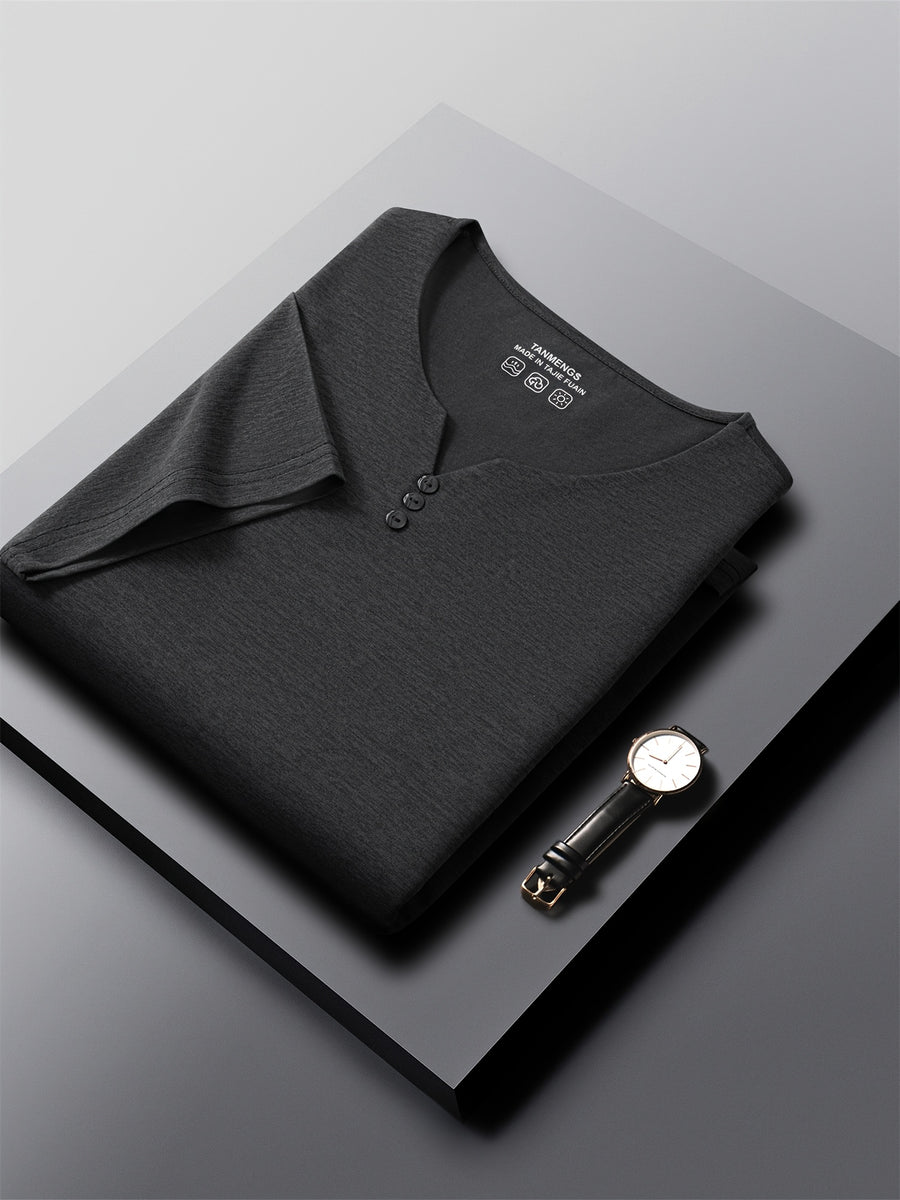 [Qiaoximei OBM] Summer New Men'S Henley Shirt, Collarless Solid Color Top, Faux Button Decoration, Golf Casual Wear, Suitable for Outings And Casual Wear, Men'S Gift - Black