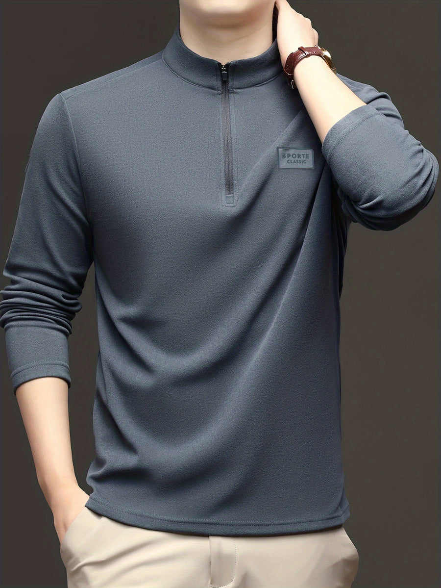 Men'S 1/4 Zip Long Sleeve Sweatshirt, Spring/Autumn Business Casual Golf Top, Half-Zip Collar High Neck Long Sleeve T-Shirt, Soft Comfortable Casual Sportswear, Outdoor Spring/Autumn Warm Clothing, Logo on Chest, Mature Men'S Apparel - Grey