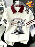 1pc, Le Yitong Rabbit T-Shirt Print Men'S Summer Casual Polo Shirt, Preppy Style Leisure Couple Short Sleeve Top, Summer Daily Outing, Campus Wear, Student Couple Style Best Choice, Suitable for Daily Outing And Athletic Wear - Unisex - Burgundy