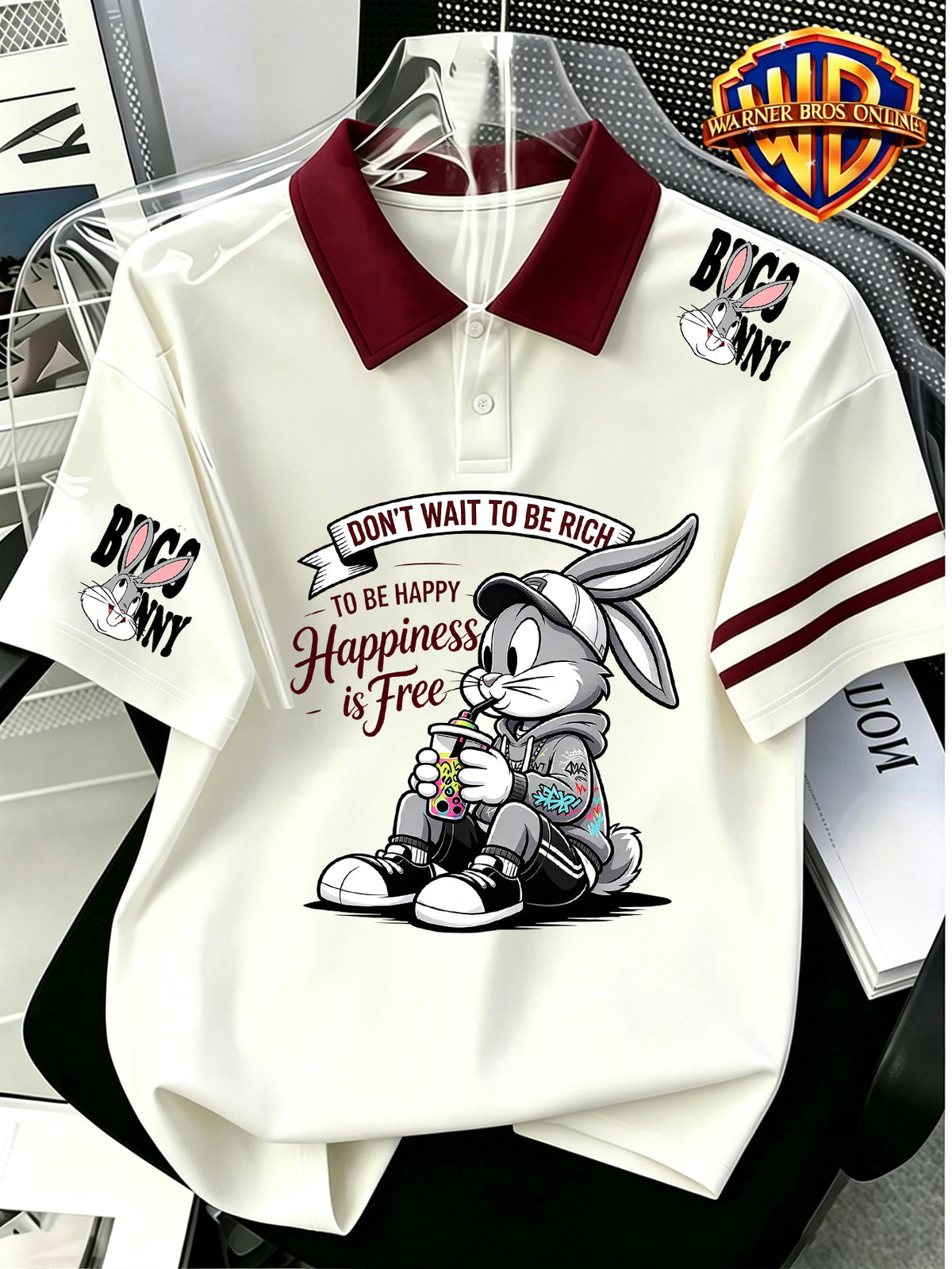 1pc, Le Yitong Rabbit T-Shirt Print Men'S Summer Casual Polo Shirt, Preppy Style Leisure Couple Short Sleeve Top, Summer Daily Outing, Campus Wear, Student Couple Style Best Choice, Suitable for Daily Outing And Athletic Wear - Unisex - Burgundy