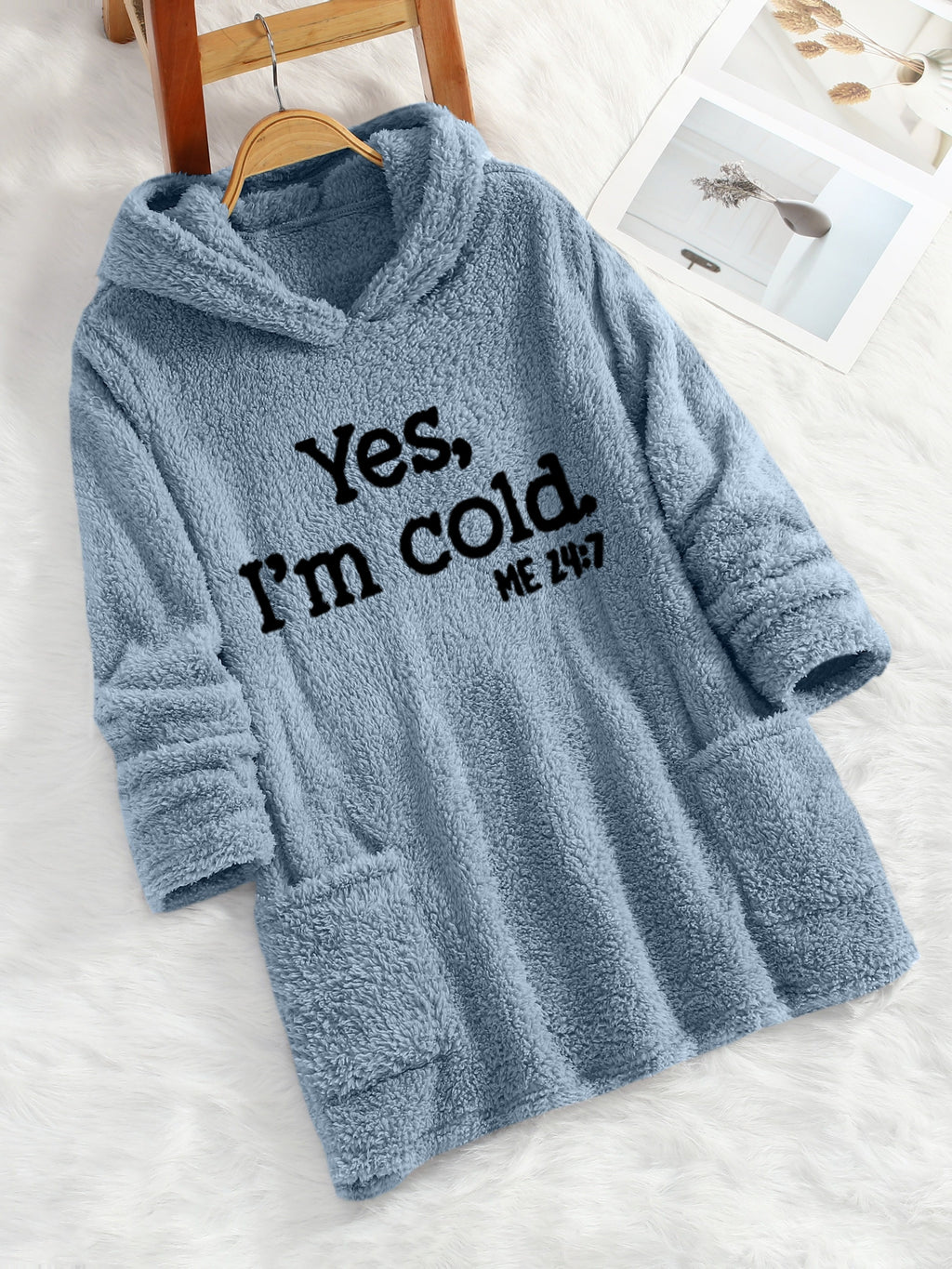 Women's "Yes I'm Cold" Printed Teddy Bear Hooded Sweatshirt - 100% Polyester Relaxed Fit Long Sleeve Pullover with Double Pockets, Cozy Fleece-Lined Casual Winter Top for Fall & Winter - Sky Blue
