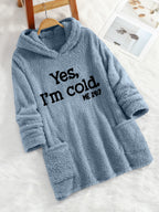 Women's "Yes I'm Cold" Printed Teddy Bear Hooded Sweatshirt - 100% Polyester Relaxed Fit Long Sleeve Pullover with Double Pockets, Cozy Fleece-Lined Casual Winter Top for Fall & Winter - Sky Blue