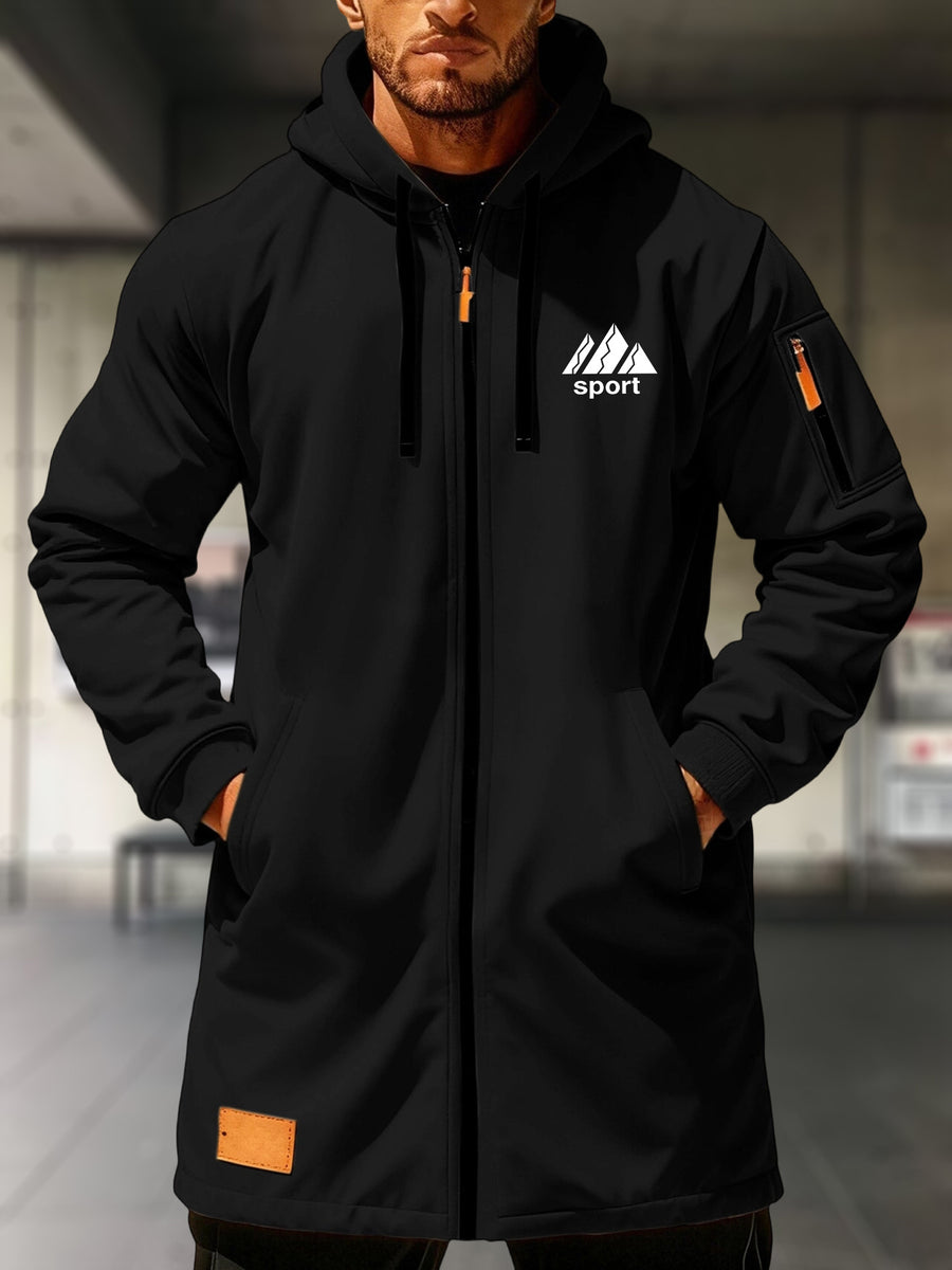 Men's Full-Zip Hooded Jacket with Mountain Print & Arm Zipper Pocket - Oversized Loose Fit Winter Coat, Hooded Streetwear Outerwear Suitable for, Urban Style, Machine Washable Warm Jacket - Black