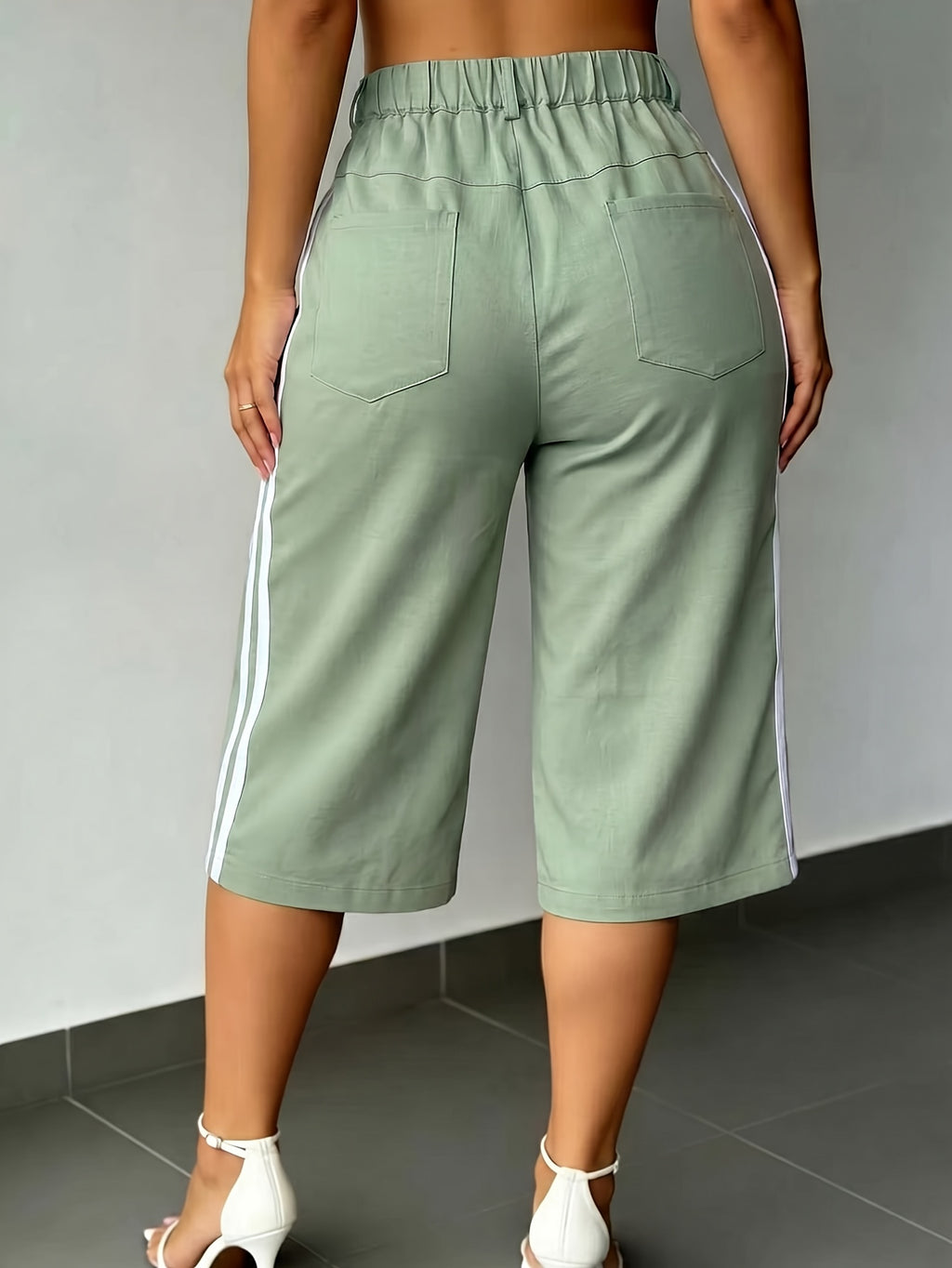 New Summer Fashion Side Contrast Color Patchwork Casual Capri Pants - Light Green