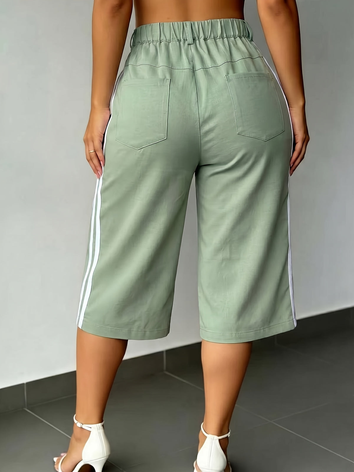 New Summer Fashion Side Contrast Color Patchwork Casual Capri Pants - Light Green