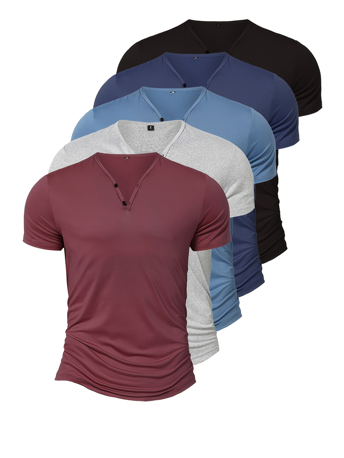 5-Pc, Men'S Lightweight Breathable V-Neck Henley Short Sleeve T-Shirts, Solid Color Button Detail, Slight Stretch Fitness Athletic Shirt, Comfortable Moisture-Wicking Sports Casual Henley, Suitable for Running, Training, Travel - Black Gray Blue Red