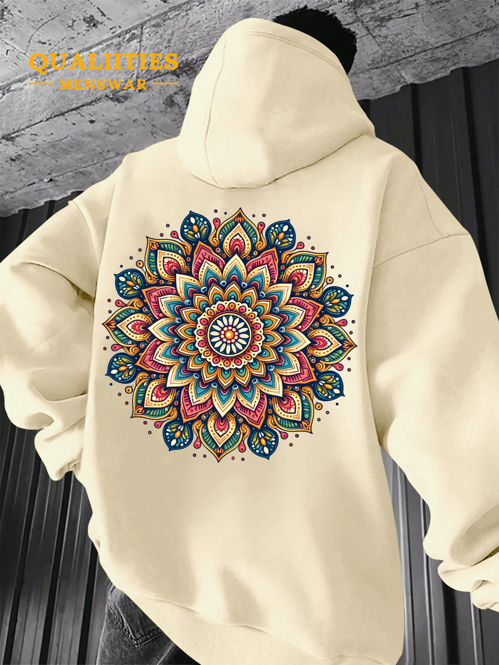 Men's "Mandala" Print Hooded Sweatshirt - Relaxed Fit, Simple and Distinctive Design, Loose Cut for Comfort and Style, Machine Washable Casual Pullover for Autumn/Winter, Suitable for Casual Wear, Hooded Sweater, Winter Apparel, Fashionable Design - Apricot