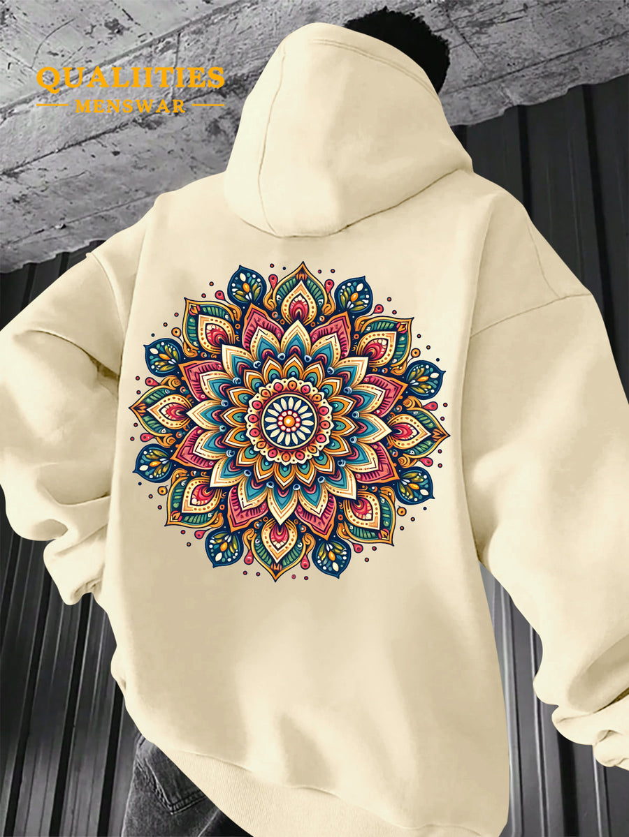 Men's "Mandala" Print Hooded Sweatshirt - Relaxed Fit, Simple and Distinctive Design, Loose Cut for Comfort and Style, Machine Washable Casual Pullover for Autumn/Winter, Suitable for Casual Wear, Hooded Sweater, Winter Apparel, Fashionable Design - Apricot