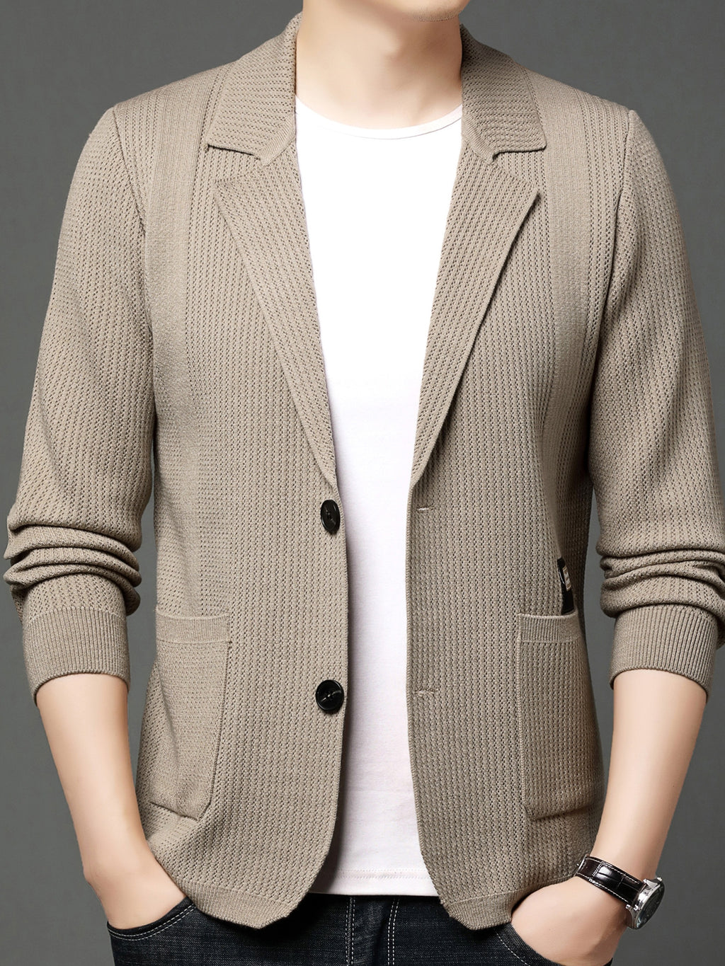 1 Men's Knitted Suit Lapel Jacket, Suitable for Light Business Wear and Daily Work, Ideal as a Gift - Off-white