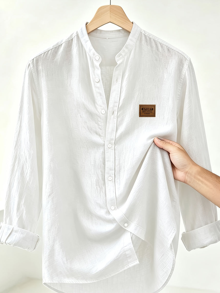 Men's Linen Shirt. Small Stand-up Collar Button- Shirt, Men's Casual Long-sleeve Shirt, Essential for Autumn and Winter, Simple and Versatile - White