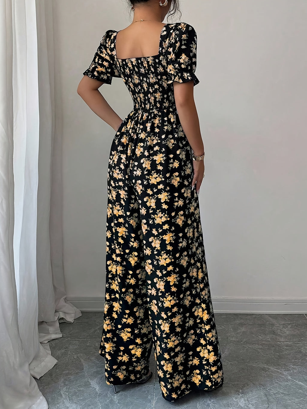 Women'S Elegant Vacation Style Waist-Cinching Printed Jumpsuit, Summer Jumpsuit, Wide-Leg Printed Jumpsuit, Long Length Printed Jumpsuit - Yellow