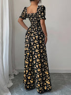 Women'S Elegant Vacation Style Waist-Cinching Printed Jumpsuit, Summer Jumpsuit, Wide-Leg Printed Jumpsuit, Long Length Printed Jumpsuit - Yellow