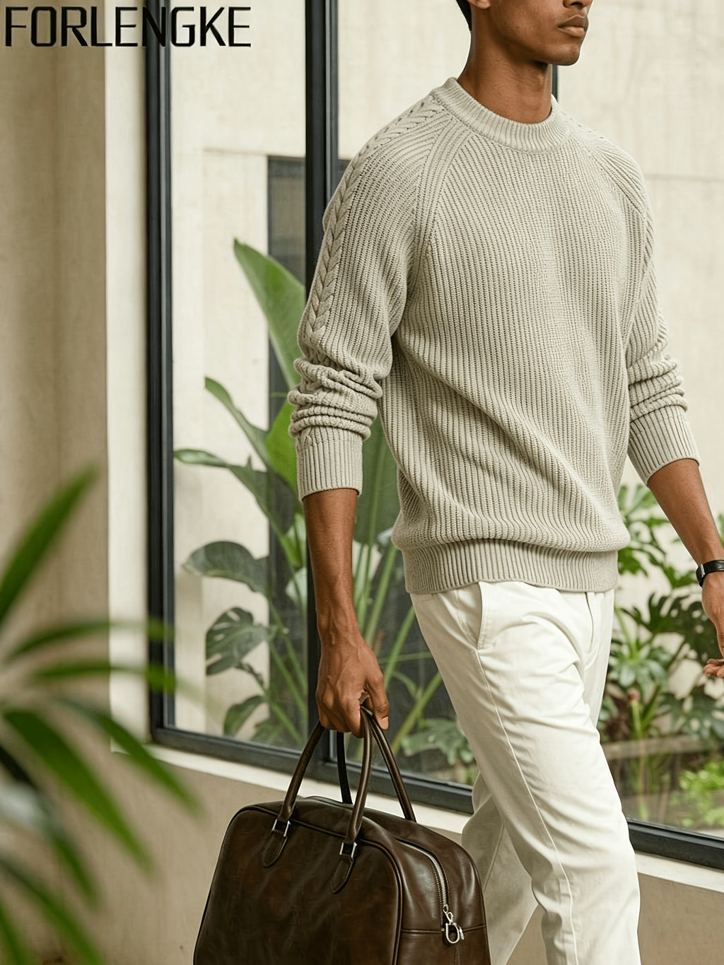 FORLENGKE Men'S Crew Neck Knitted Pullover with Vertical Cable Texture, Perfect for Solo Wear in Autumn And Winter to Show Texture Or Layered for a Stylish Look, Suitable for Shopping, Going Out, Parties, And Various Daily Occasions - Apricot