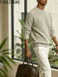 FORLENGKE Men'S Crew Neck Knitted Pullover with Vertical Cable Texture, Perfect for Solo Wear in Autumn And Winter to Show Texture Or Layered for a Stylish Look, Suitable for Shopping, Going Out, Parties, And Various Daily Occasions - Apricot