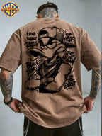 Warner Bros. Official License Hand-Drawn Sketch Print, Street Graffiti Style, American Retro Washed Distressed T-Shirt, Suitable for Daily Commute And Outdoor Wear, Machine Washable, Unisex - Coffee Color