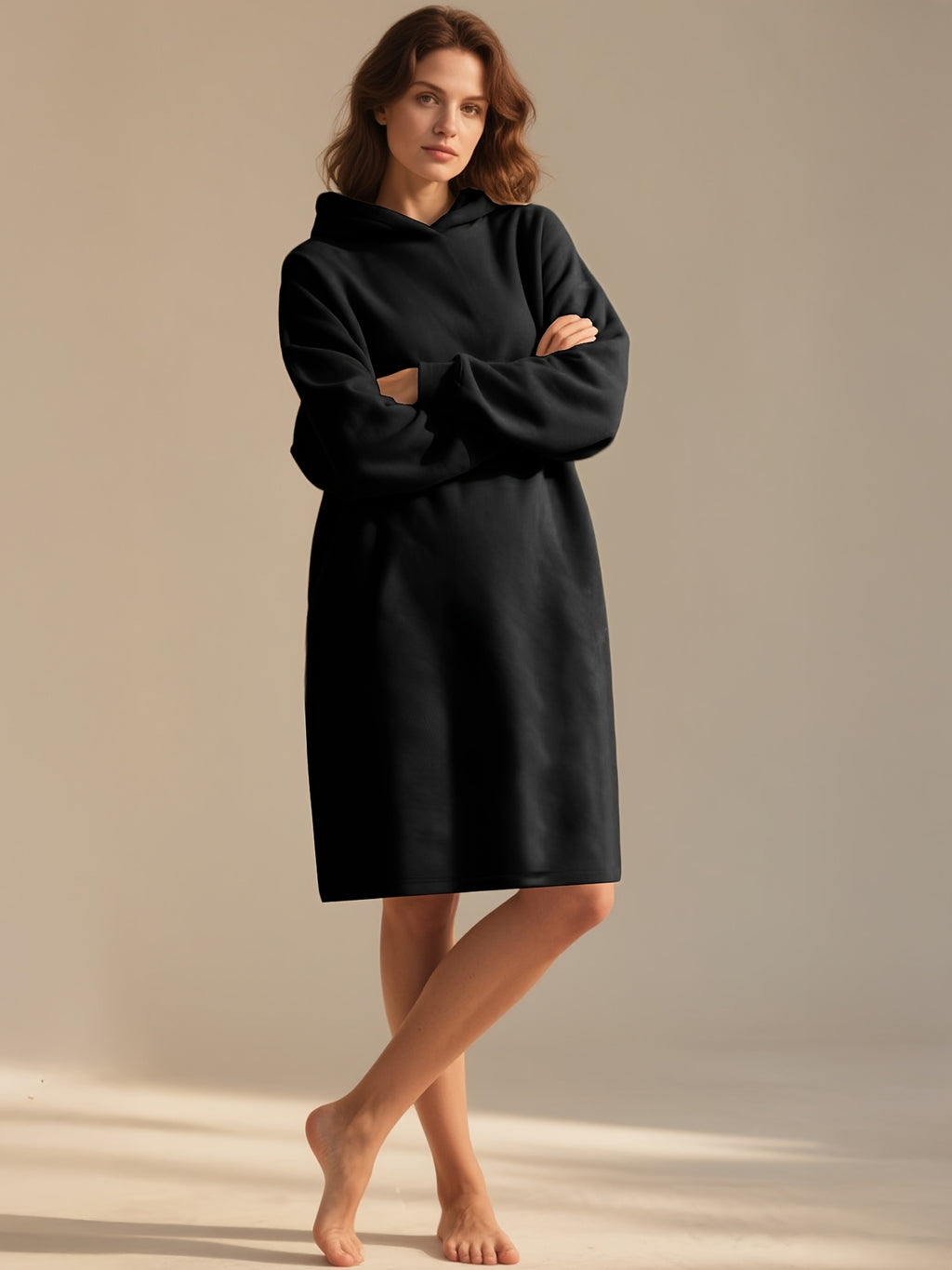 2pcs Long Casual Hooded Dress Set - Black+Grey