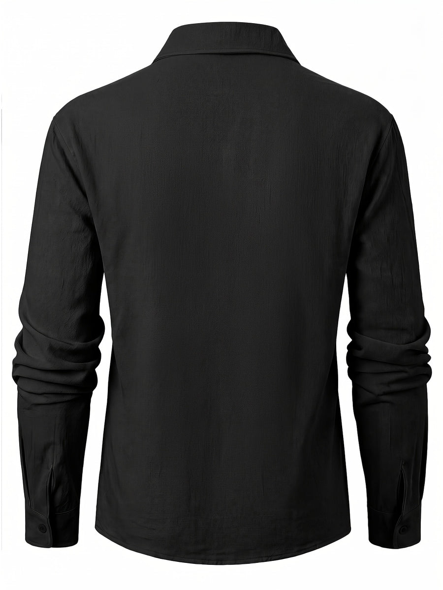 Men's Vintage Lace-Up Lapel Long-Sleeve Linen Shirt Casual Pullover Textured Shirt - Black